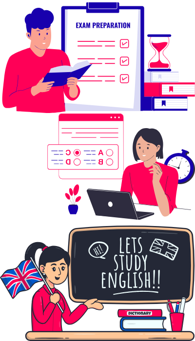 Ilustración de exámenes de IELTS y TOEFL